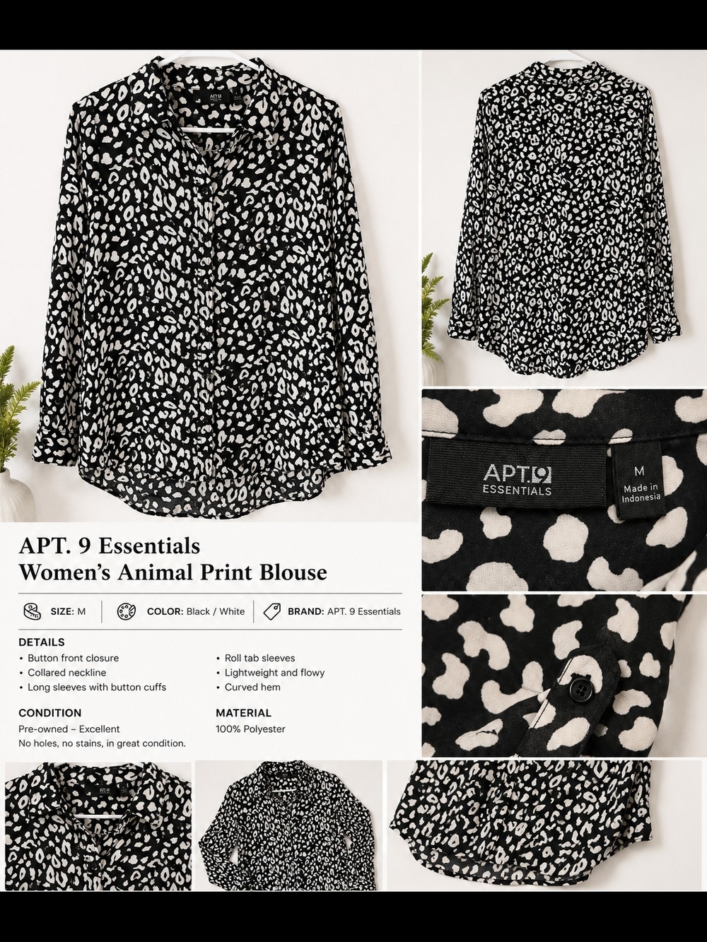APT. 9 Essentials Women's Black & White Animal Print Button Front Blouse Size M